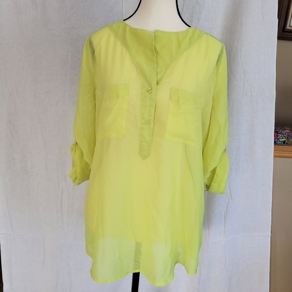 Maurice's Neon yellow 3/4 button roll sleeve sheer pullover blouse M